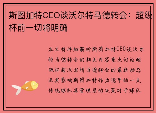 斯图加特CEO谈沃尔特马德转会：超级杯前一切将明确